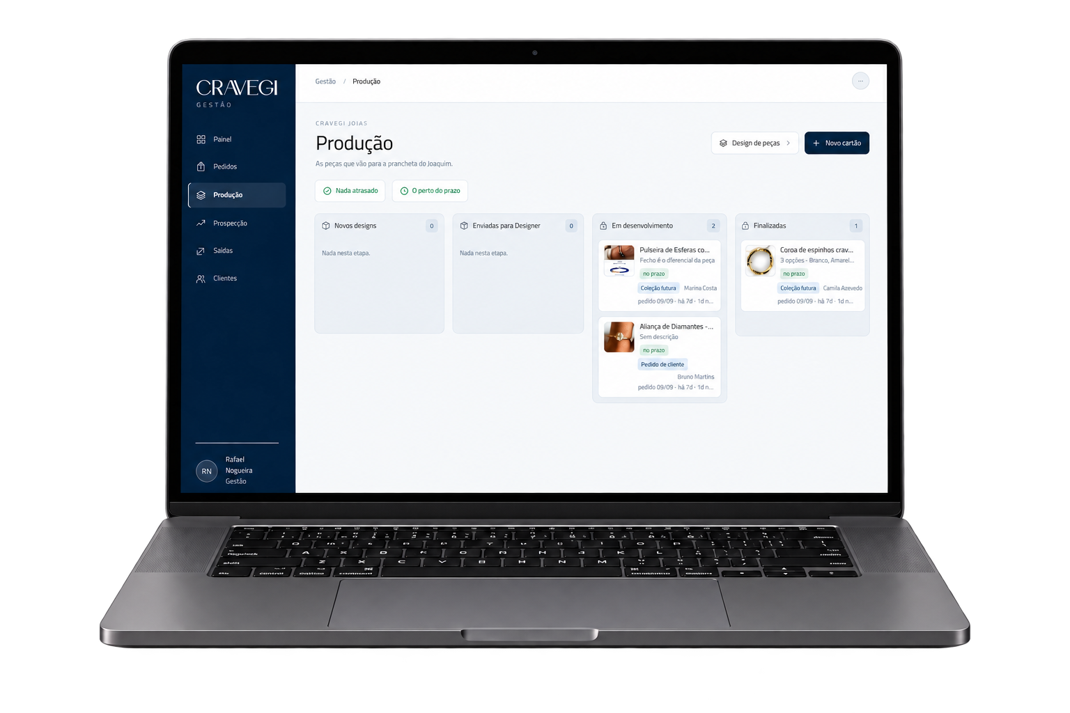 Cravegi Gestão: produção em Kanban com etapas e prazos