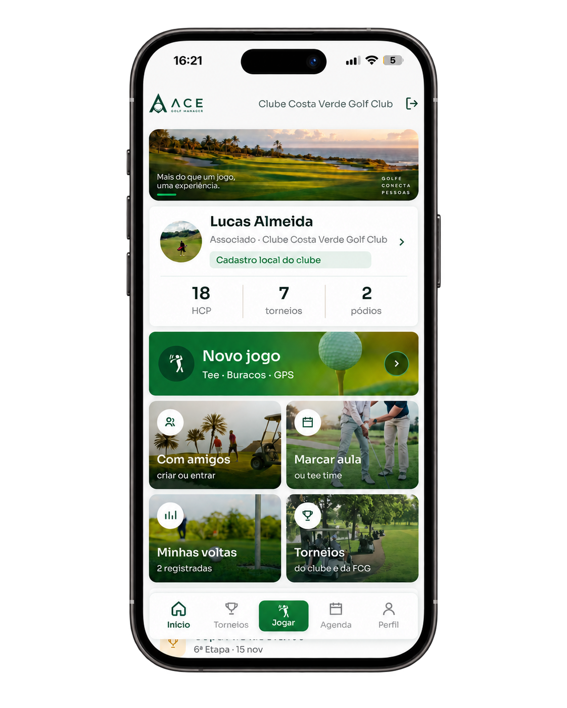 App do sócio ACE Golf no celular
